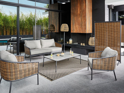 Ensemble détente Muse – Salon de jardin aluminium et résine (2 fauteuils + canapé 3 places)