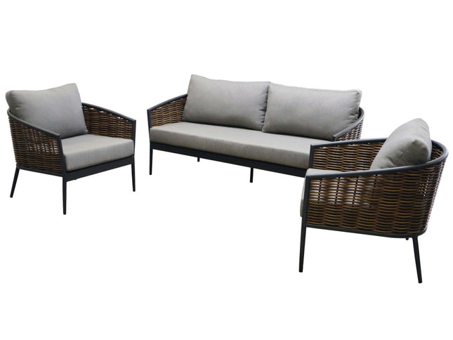 Ensemble détente Muse – Salon de jardin aluminium et résine (2 fauteuils + canapé 3 places)